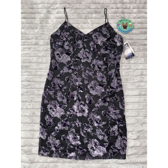 Oleg Cassini Beaded Mini Dress 10 Petite 90s Y2K Velvet Floral‎ Purple Black NWT - Picture 1 of 9